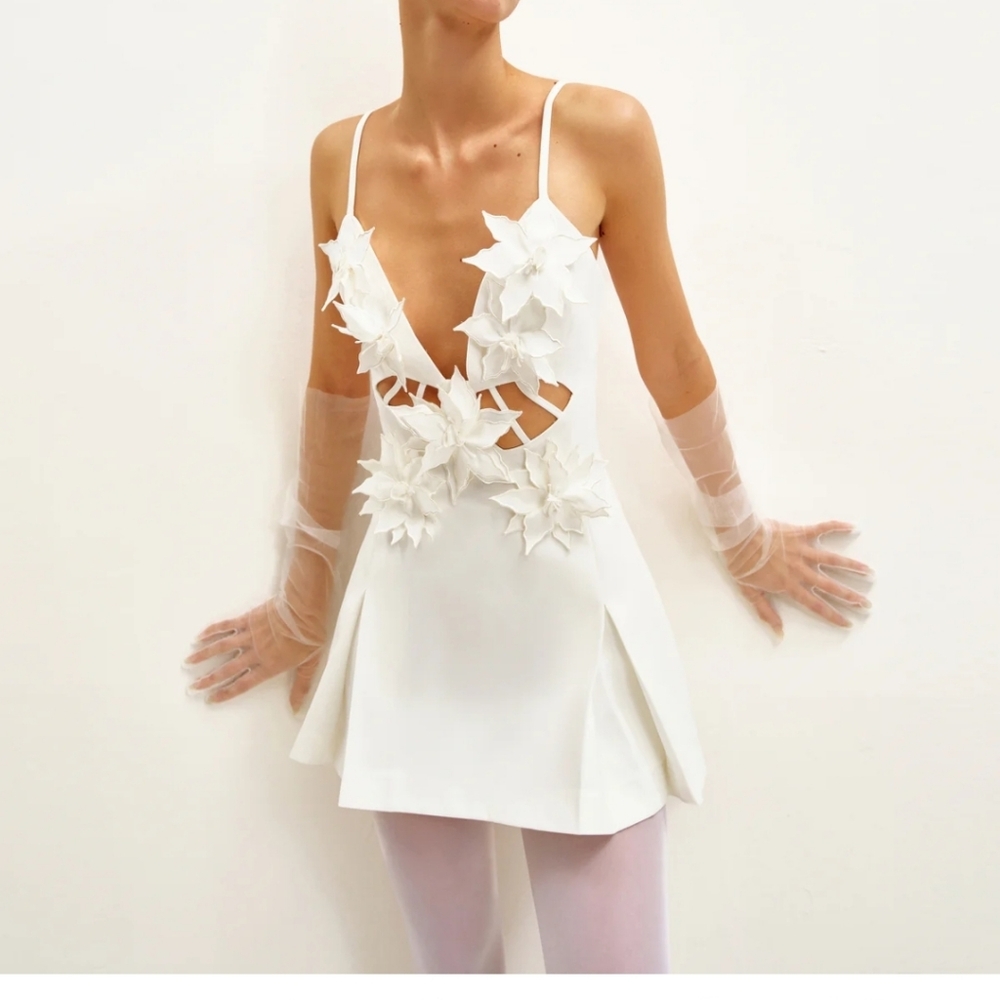Elegant White Floral Cutout Dress
